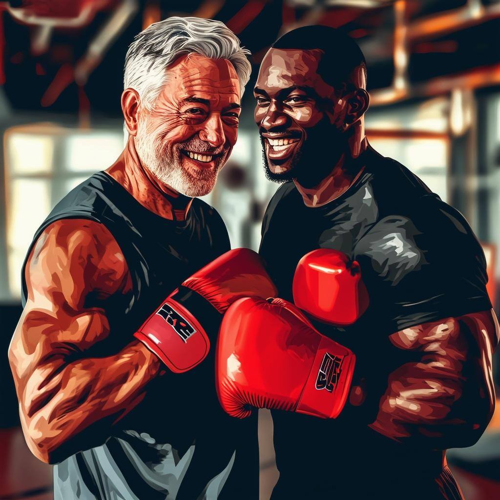 magine an image of a middle aged ceo having an inspirational boxing workout with a black trainer-3